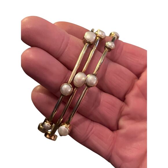 Julie Vos Silver Pearl Station Bangle Bracelet Set Quiet Luxury Designer Stack - Picture 4 of 6